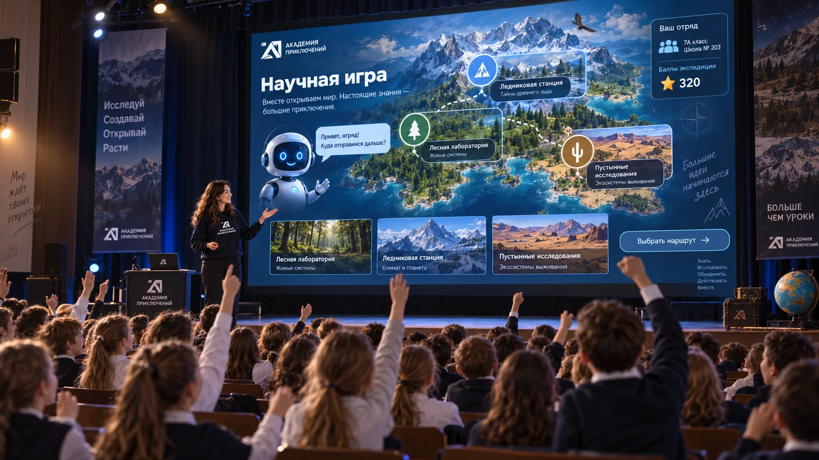 Визуализация будущего научного шоу: ведущая, класс, большой экран и карта экспедиции
