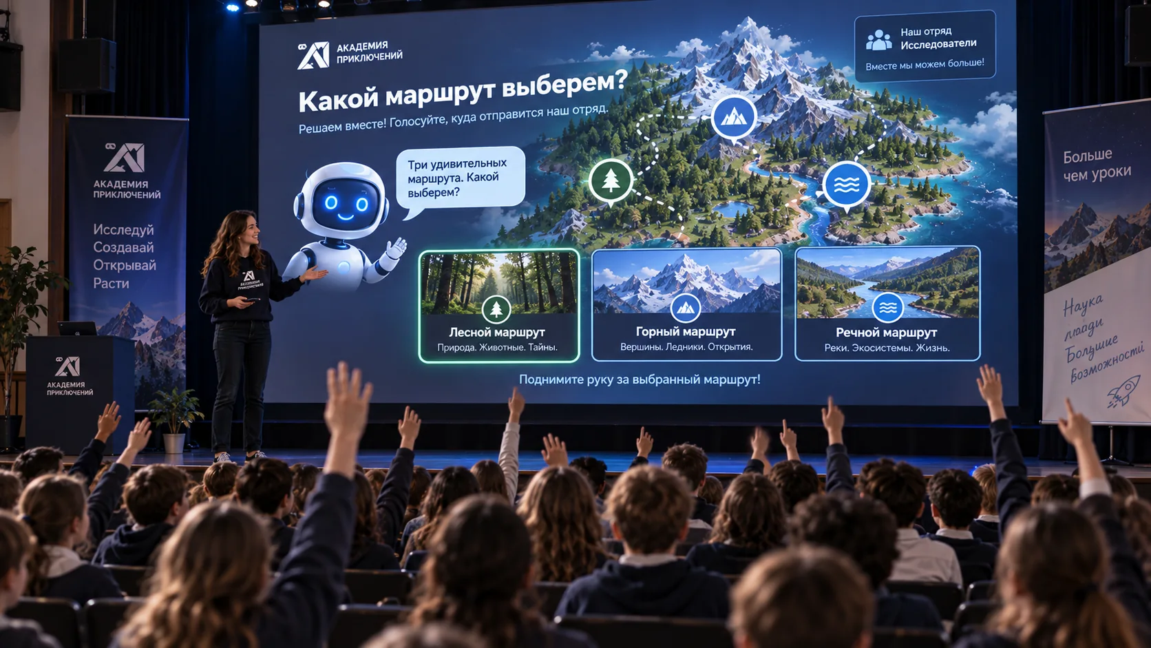 Визуализация: класс голосует за маршрут экспедиции на большом экране